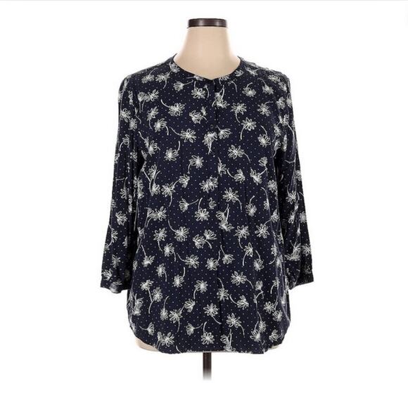 Talbots Tops - Talbots Long Sleeve Blouse Rayon Navy Cottagecore Collarless Button Down Sz XL